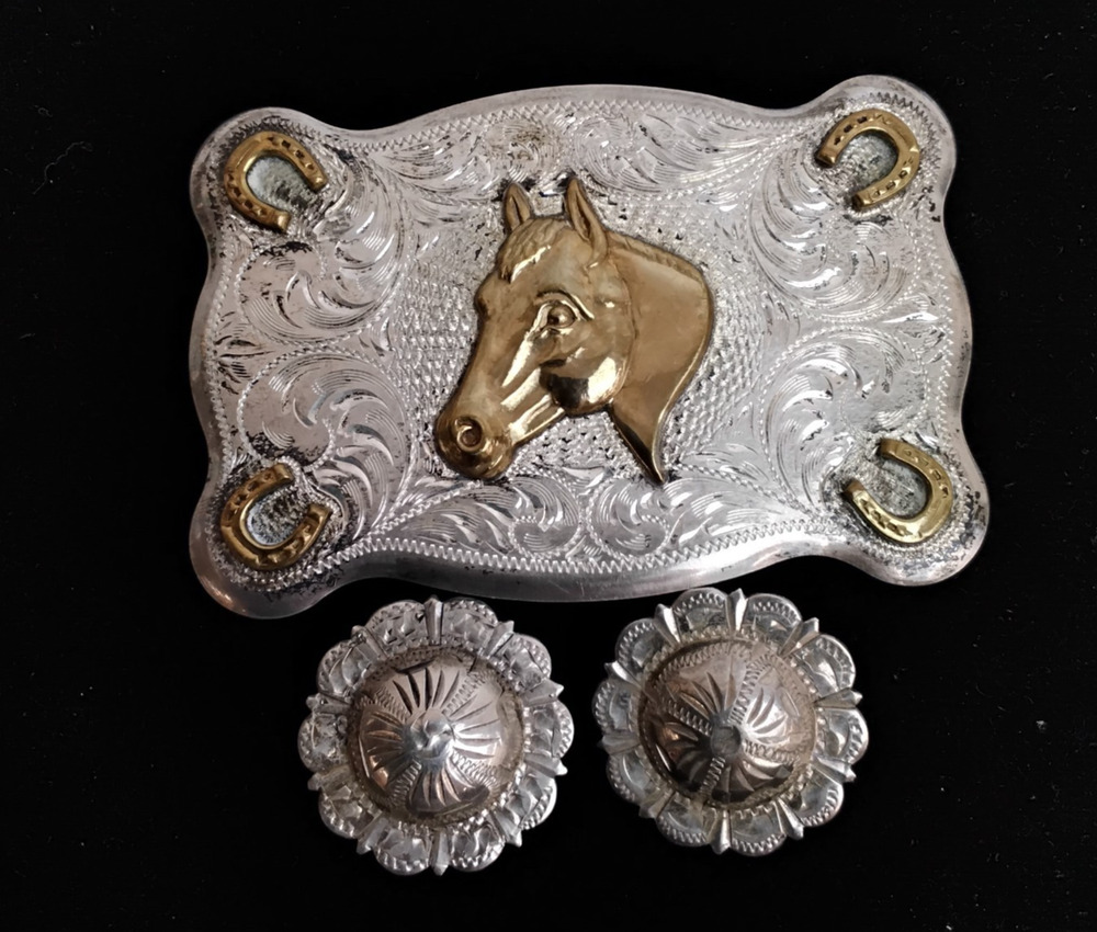 Diablo Belt Buckle Horse Gold + Sterling with 2 Belt Buttons 925 Silver *J5847